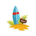 Surfboard and signboard with Aloha word, surfboard on tropical Hawaiian beach vector Illustration on a white background