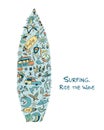 Surfboard sketch, design made from surf icons set Royalty Free Stock Photo