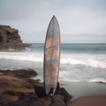 Surfboard standing upright in bright sun