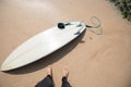 Surfboard and surfer legs on beach