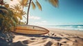 Surfboard on a tropical sunny beach, palm trees, view on ocean, generative ai