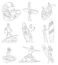 Surfboarders coloring book riding on waves set, surfer men with surfboards in different poses vector Illustrations.