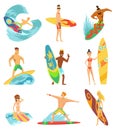 Surfboarders riding on waves set, surfer men with surfboards in different poses vector Illustrations.