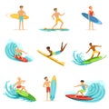 Surfboarders riding on waves set, surfer men with surfboards in different poses vector Illustrations Royalty Free Stock Photo
