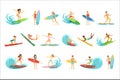 Surfboarders riding on waves set, surfer men with surfboards in different poses vector Illustrations