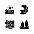 Surfboarding black glyph icons set on white space