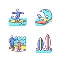 Surfboarding RGB color icons set