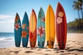 Surfboards on the beach with palm trees and blue sky.