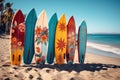 Surfboards on the beach with palm trees and blue sky.