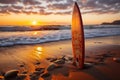 Surfboards on the beach with palm trees and blue sky.