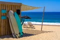 Surfboards On The Beach. Paradise Nature. Sea View. Beautiful Abstract With Blue Sea Beach Day On Light Background For