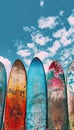Surfboards on blue sky background, representing summer beach holiday concept and sea vacation vibes