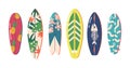 Surfboards Collection of Vintage Colors and Styles. Surfdesks Pattern of Palm Leaves, Flowers, Fish Bones and Pineapples Royalty Free Stock Photo