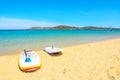 Surfboards on a golden beach in Porto Pollo Royalty Free Stock Photo