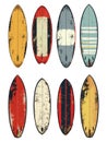 Surfboards grunge texture vintage old wood boards for beach surf sea sport set vector illustration Royalty Free Stock Photo