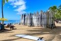 Surfboards lined up in the rack at famous Waikiki Beach in Honolulu. Oahu