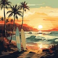 Surfboards on a sandy beach, palm trees and sea waves in the background. Sunset colors, retro style. AI Royalty Free Stock Photo