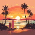 Surfboards on a sandy beach, palm trees and sea waves in the background. Sunset colors, retro style. AI Royalty Free Stock Photo