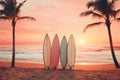 Surfboards on a sandy beach, palm trees and sea waves in the background. Sunset colors, retro style. AI Royalty Free Stock Photo