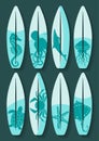 Surfboards Set With Blue Sea Creatures Drawing