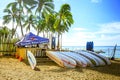 Surfboards stack on the landmark Waikiki Beach