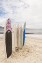 Surfboards standing upright the Copacabana Beach