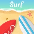 Surfboards and a starfish on the ocean. Opening of the summer season. Relax on the beach. Vector illustration