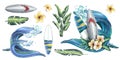 Surfboards with tropical palm leaves and frangipani flowers on a wave background. Watercolor illustration hand drawn Royalty Free Stock Photo