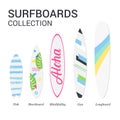 Surfboards types silhouettes. Modern colorful surfboard set on white background. Royalty Free Stock Photo