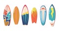 Surfboards Of Vintage Colors And Styles. Surfdesks With Fire, Sea Wave, Shark, Flash And Abstract Pattern, Shortboards