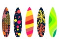 Surfboards on a white background. Types of surfboards with a pattern. Tropics, palm trees, summer motive. Vector