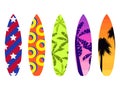 Surfboards on a white background. Types of surfboards with a pattern. Tropics, palm trees, summer motive. Vector