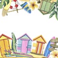 Surfboards, wooden beach cabines, tropical plants and flowers, sandy island. Watercolor illustration hand drawn Royalty Free Stock Photo