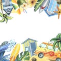 Surfboards, wooden beach cabines, tropical plants and flowers, yellow van, wave. Watercolor illustration hand drawn Royalty Free Stock Photo