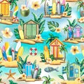 Surfboards, wooden beach houses, tropical plants and flowers. Watercolor illustration. Seamless pattern on a turquoise