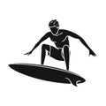 Surfer in action icon in black style isolated on white background. Surfing symbol stock vector illustration. Royalty Free Stock Photo