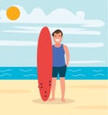 A surfer on the beach with a board, a young guy is resting on the sea in the summer and is surfing. Vector illustration Royalty Free Stock Photo