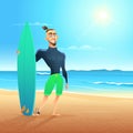 Surfer on the beach. Vector cartoon illustration. Sunny day, sandy coast, waves on the sea, man stands with surfboard Royalty Free Stock Photo