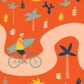 Surfer bicycle rider with surfboard on the beach seamless pattern. Funny cartoon character young man riding a bike.