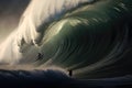 Surfer on big ocean wave. 3D Rendering effect, Extreme surfers riding huge sea waves, no visible faces, AI Generated Royalty Free Stock Photo