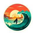 Surfer On Blue Ocean Wave. Extreme sport and active lifestyle concept. vector illustration, white background, label, sticker, t- Royalty Free Stock Photo