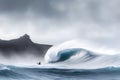 Surfer on Blue Ocean Wave Getting Barreled at Sunrise. Neural network AI generated