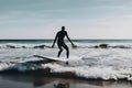 Surfer on Blue Ocean Wave Getting Barreled at Sunrise. Neural network AI generated