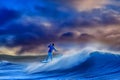 Surfer on Blue Ocean Wave Getting Barreled at Sunrise. Neural network AI generated