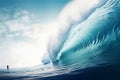 Surfer on Blue Ocean Wave Getting Barreled at Sunrise. Neural network AI generated