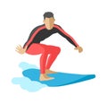 Surfer blue ocean wave getting barreled surfing water extreme sport character vector.