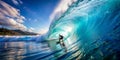 Surfer on Blue Ocean Wave in the Tube Getting Barreled Generative By AI