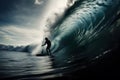 Surfer on Blue Ocean Wave in the Tube Getting Barreled