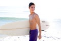 Surfer boy teenager with surfboard in beach