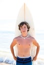 Surfer boy teenager with surfboard in beach Royalty Free Stock Photo